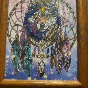 Wolf Dreamcatcher Art with Feathers